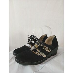 Fly London Poma Black Nubuck Suede Lace Up Wedge Sandal Shoes Womens 38 US 7.5